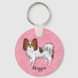 Red Sable Papillon Cute Cartoon Dog On Pink Hearts Key Ring