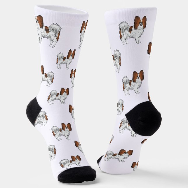 Red Sable Papillon Cute Cartoon Dogs Pattern Socks (Angled)