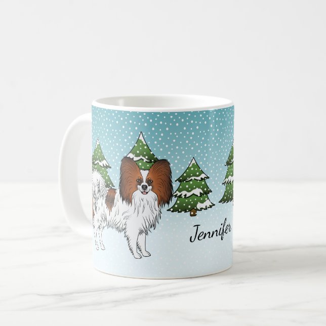 Red Sable Papillon Cute Dog In A Winter Forest Coffee Mug (Front Left)