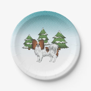 Red Sable Papillon Cute Dog In A Winter Forest Paper Plate