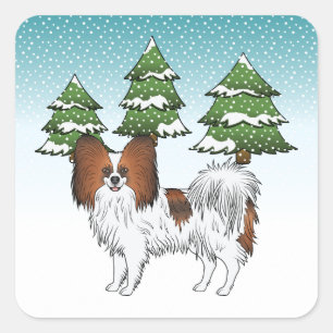 Red Sable Papillon Cute Dog In A Winter Forest Square Sticker