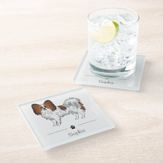 Red Sable Papillon Cute Dog With Custom Text Glass Coaster (Angled)