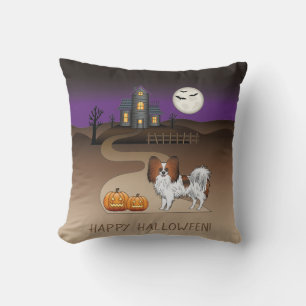 Red Sable Papillon Dog And Halloween Haunted House Cushion