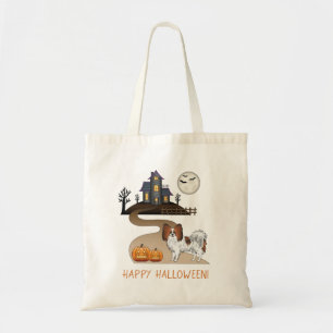 Red Sable Papillon Dog And Halloween Haunted House Tote Bag