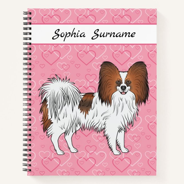 Red Sable Papillon Happy Cute Dog On Pink Hearts Notebook (Front)