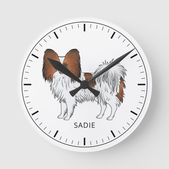 Red Sable Papillon Toy Spaniel Dog And Custom Text Round Clock (Front)