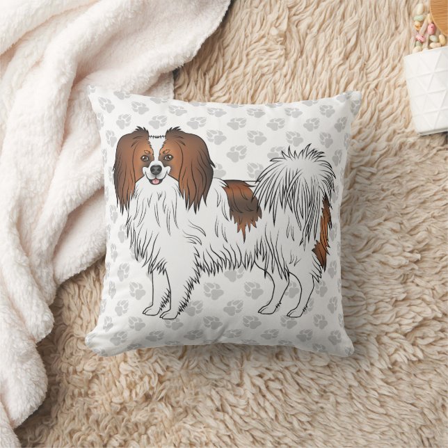 Red Sable Phalène Cartoon Dog On Grey Paw Prints Cushion (Blanket)