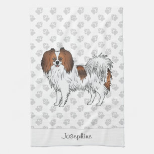 Red Sable Phalène Cartoon Dog With Custom Name Tea Towel