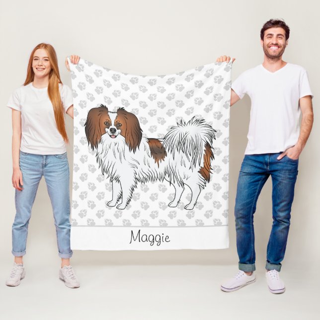 Red Sable Phalène Cartoon Dog With Custom Text Fleece Blanket (In Situ)