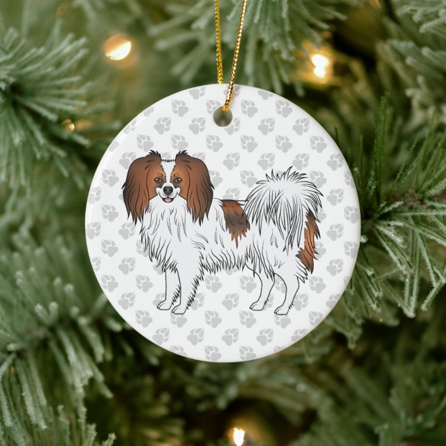 Red Sable Phalène Cute Cartoon Dog With Grey Paws Ceramic Ornament (Tree)