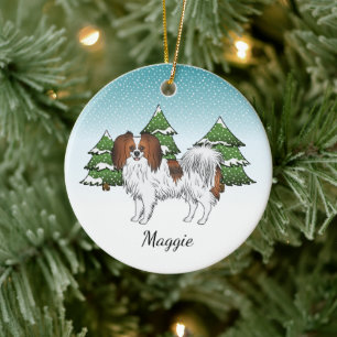 Red Sable Phalène Dog Blue Green Winter Forest Ceramic Ornament