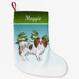 Red Sable Phalène Dog Blue Green Winter Forest Small Christmas Stocking
