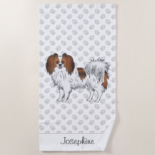 Red Sable Phalène Dog Design With Custom Name Beach Towel