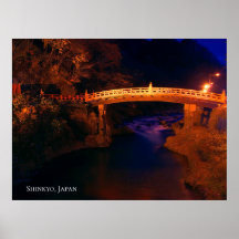Red Sacred Bridge above a River at Night Japan