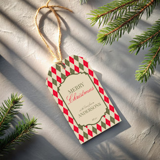 Red sage green retro argyle Christmas holiday Gift Tags