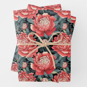 Red & Sage Peony Flowers Wrapping Sheets Set of 3