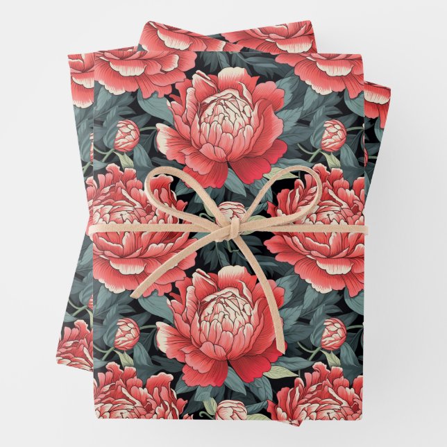 Red & Sage Peony Flowers Wrapping Sheets Set of 3 (In situ)