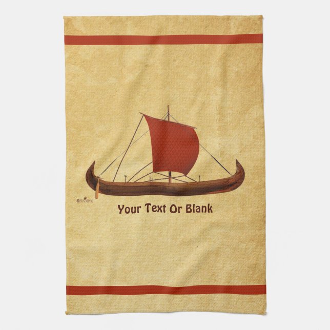 Red Sail Viking Ship II Tea Towel (Vertical)