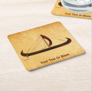 Red Sail Viking Ship Square Paper Coaster