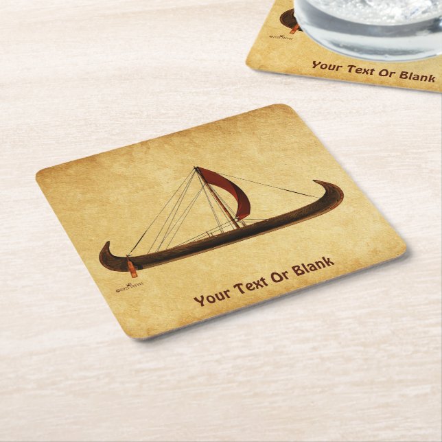 Red Sail Viking Ship Square Paper Coaster (Angled)