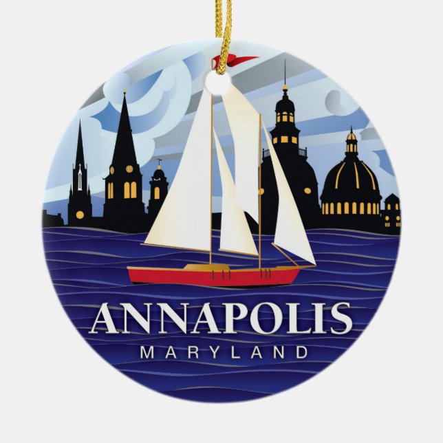 Red Sailboat Annapolis MD Coastal Ceramic Ornament (Front)
