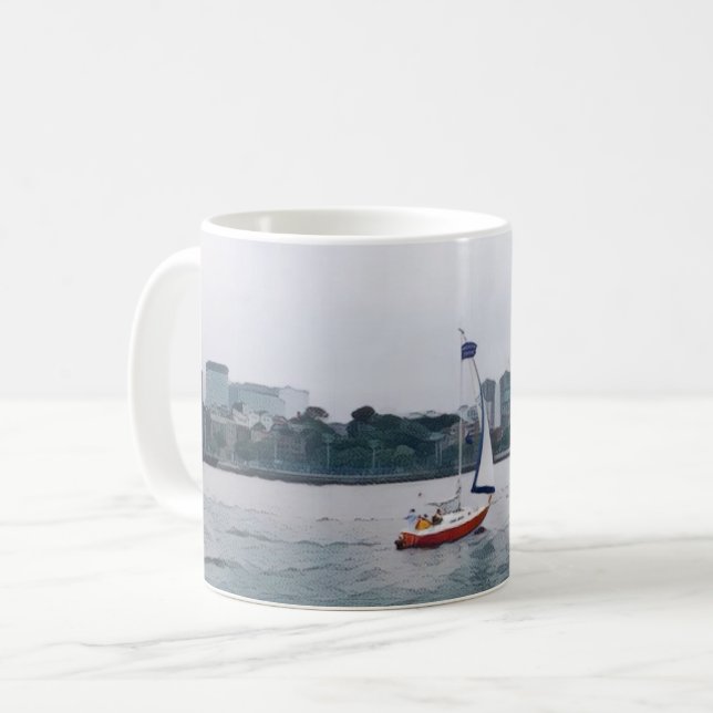 Red Sailboat Art Navy River Coffee Mug (Front Left)