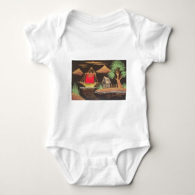 Red Sailboat Landscape Oil Painting Art Print Baby Bodysuit (Front)
