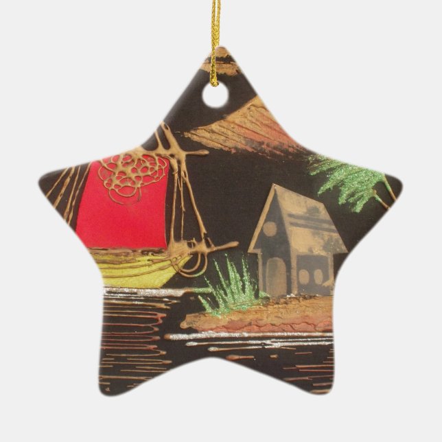 Red Sailboat Landscape Oil Painting Art Print Ceramic Ornament (Front)