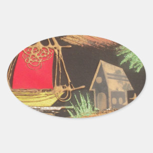 Red Sailboat Landscape Oil Painting Art Print Oval Sticker