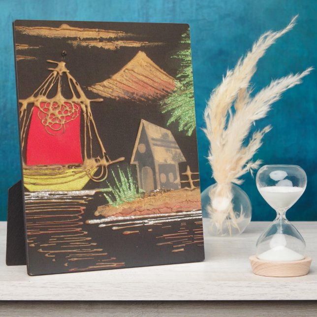 Red Sailboat Landscape Oil Painting Art Print Plaque (Side)