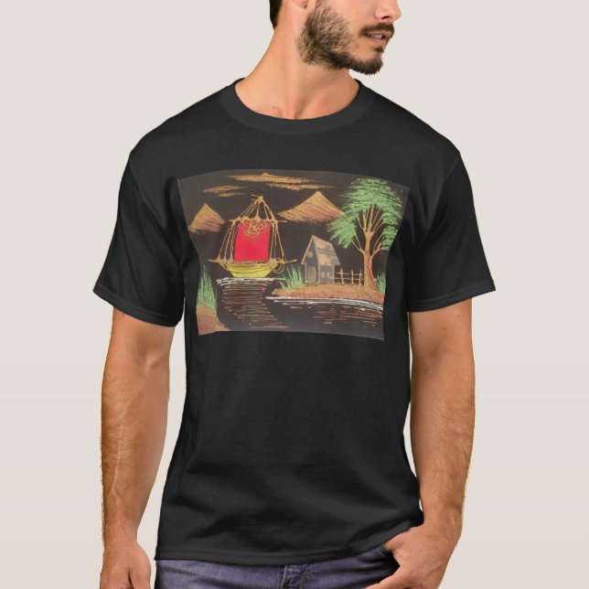 Red Sailboat Landscape Oil Painting Art Print T-Shirt (Front)