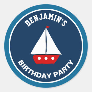 Red Sailboat Nautical Birthday Party Favour Sticke Classic Round Sticker