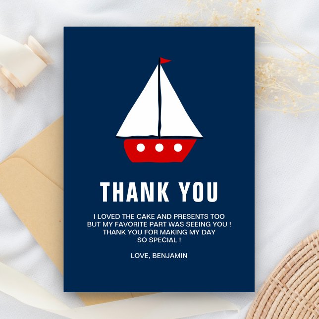 Red Sailboat Nautical Birthday Party Thank You Card (Creator Uploaded)
