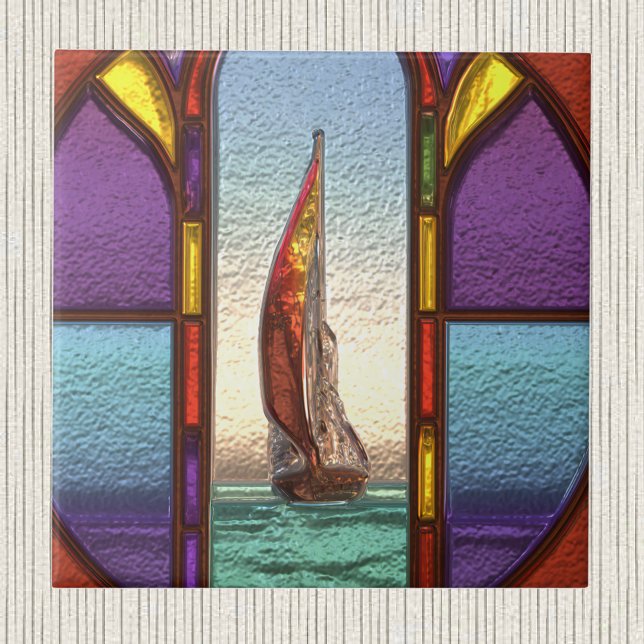 Red Sailboat Through a Faux Stained Glass Window Ceramic Tile (Creator Uploaded)
