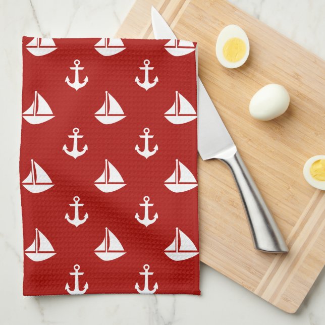 Red Sailboats and Anchors Pattern Tea Towel (Quarter Fold)