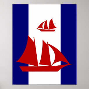 Red Sailboats navy & white stripes print poster