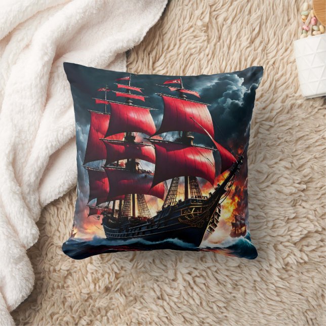 Red Sailed Pirate Ship Battling Stormy Seas Cushion (Blanket)