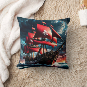 Red-Sailed Pirate Ship Navigating Stormy Seas Cushion
