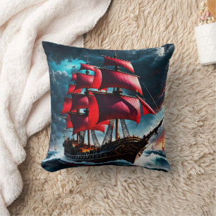 Red-Sailed Pirate Ship Navigating Stormy Seas Cushion