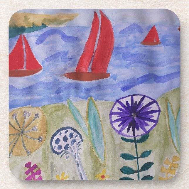Red Sails & Flowers Hard Plastic Coaster (Front)