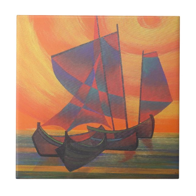 Red Sails in the Sunset Cubist Junk Abstract Ceramic Tile (Front)