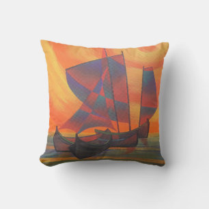 Red Sails in the Sunset Cubist Junk Abstract Cushion