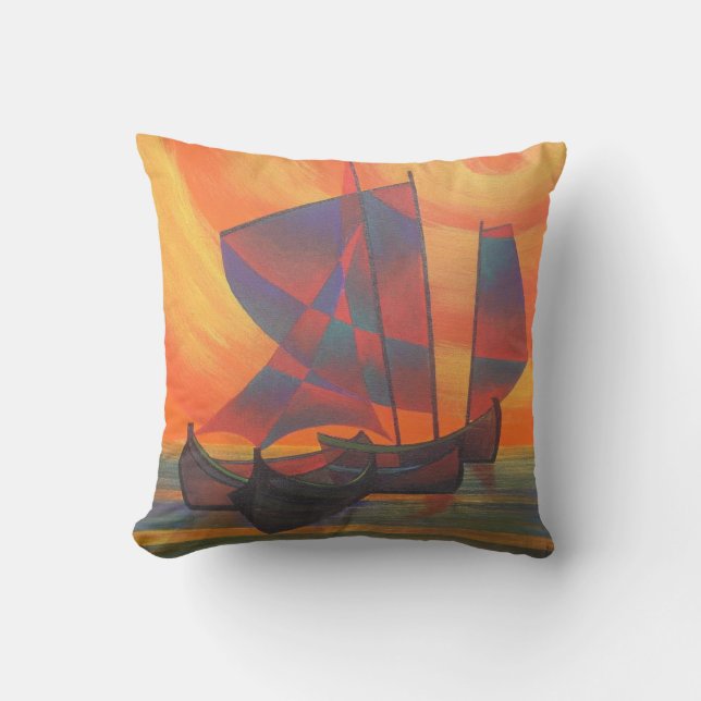 Red Sails in the Sunset Cubist Junk Abstract Cushion (Front)