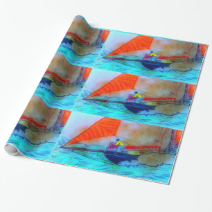 red sails on sailing schooner wrapping paper