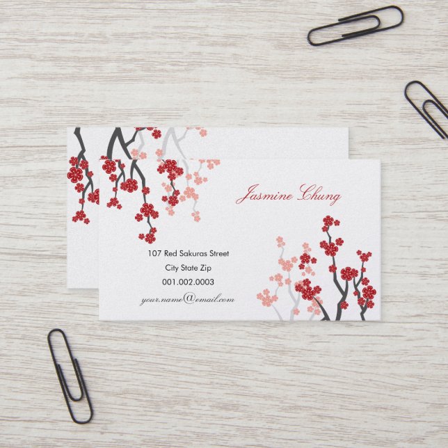 Red Sakura Cherry Blossoms Oriental Zen Asian Business Card (Front/Back In Situ)