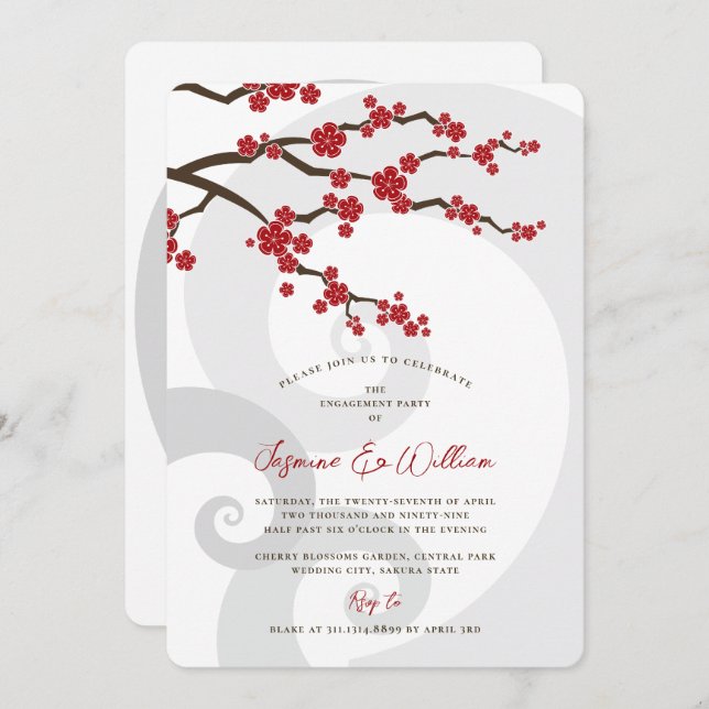 Red Sakura Cherry Blossoms Swirls Chic Engagement Invitation (Front/Back)