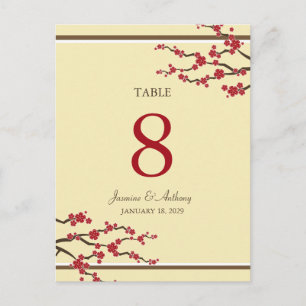 Red Sakura Cherry Blossoms Wedding Table Number Postcard