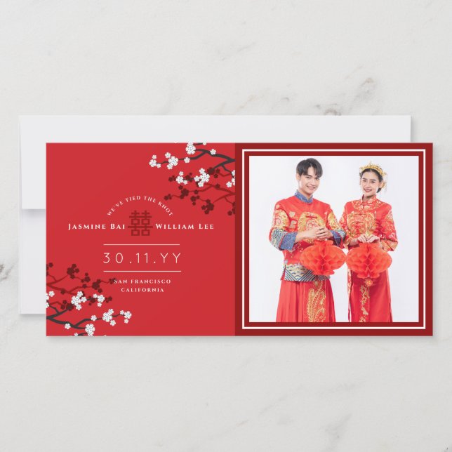 Red Sakura Double Happiness Wedding Announcement (Front)