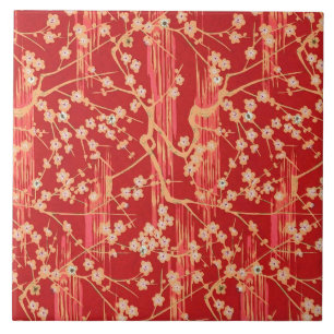 RED SAKURA FLOWERS Antique Japanese Floral Pattern Ceramic Tile