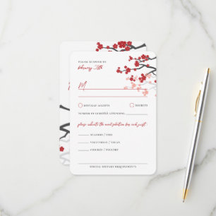 Red Sakura Flowers Cherry Blossoms Asian Wedding RSVP Card